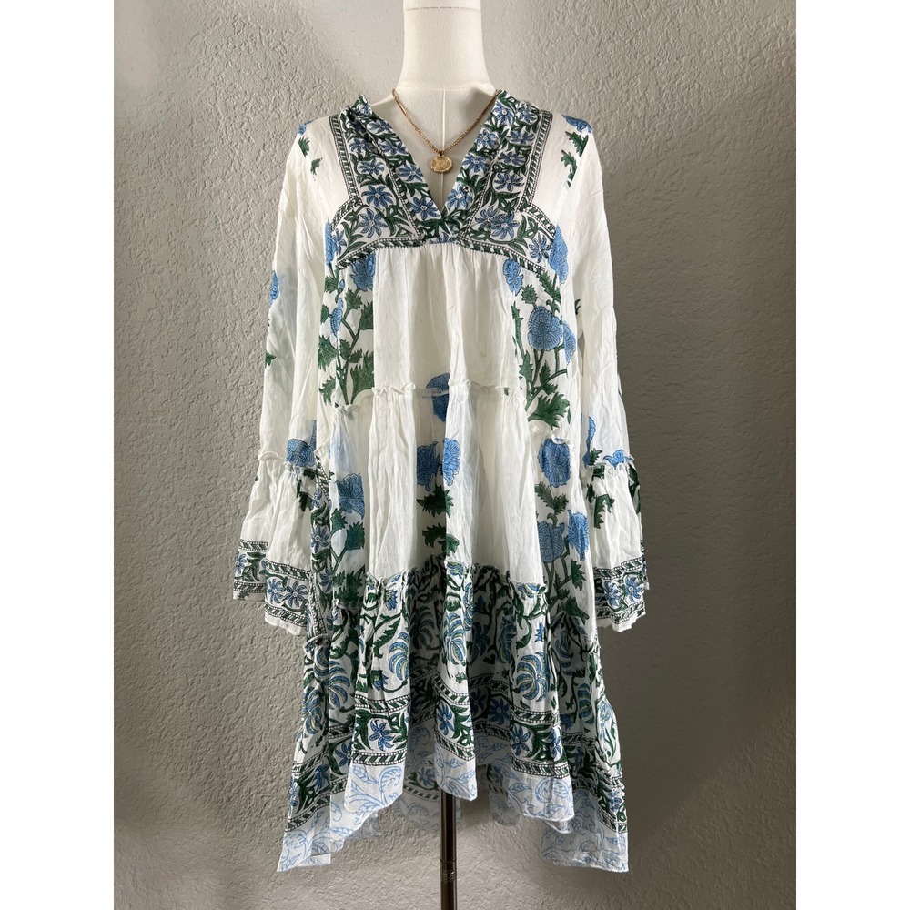 Juliet Dunn Blue White Floral Hand Block Print Tiered Cotton Bell Sleeve Dress